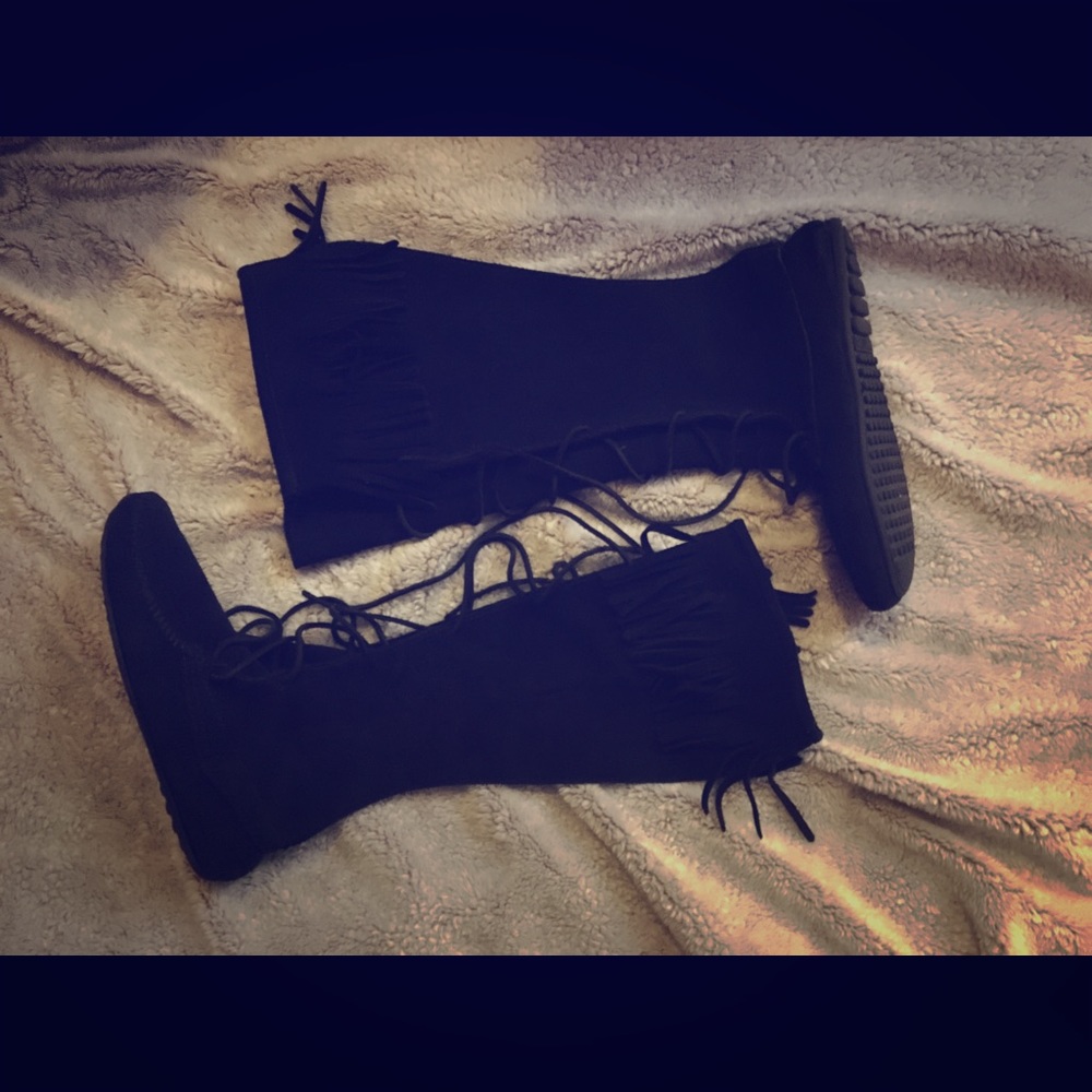 Black Suede Minnetonka Lace Up Knee Boot Sz 8